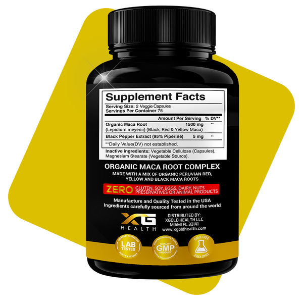 Organic Maca Root Capsules Black, Yellow, Red Strongest 1500 mg - X Gold Health