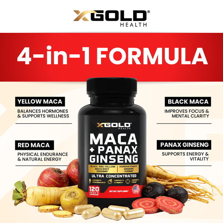 Maca Root Capsules 10,000mg + Korean Panax Ginseng 1,400mg - X Gold Health