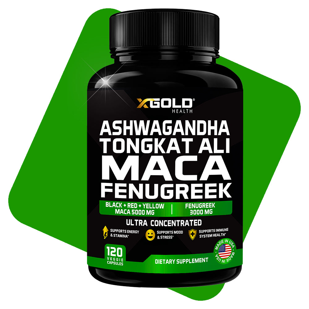 Ashwagandha 5000mg + Tongkat Ali 1000mg + Maca Root 5000mg + Fenugreek 3000mg Supplement | Maca Black + Red + Yellow Herbal Supplements - Made in USA - X Gold Health