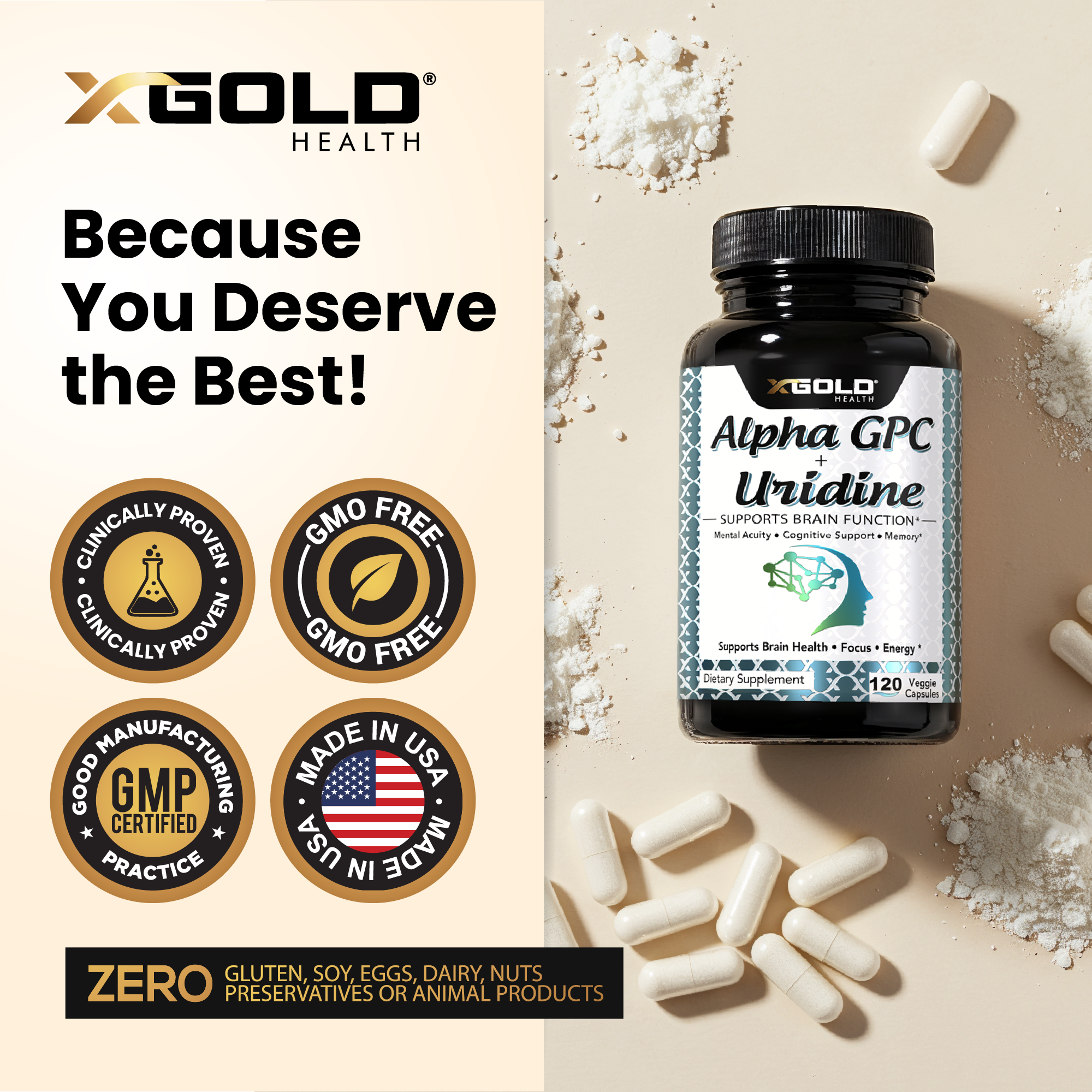 Alpha GPC 600mg + Uridine 300mg | Focus, Memory & Cognitive Clarity - X Gold Health