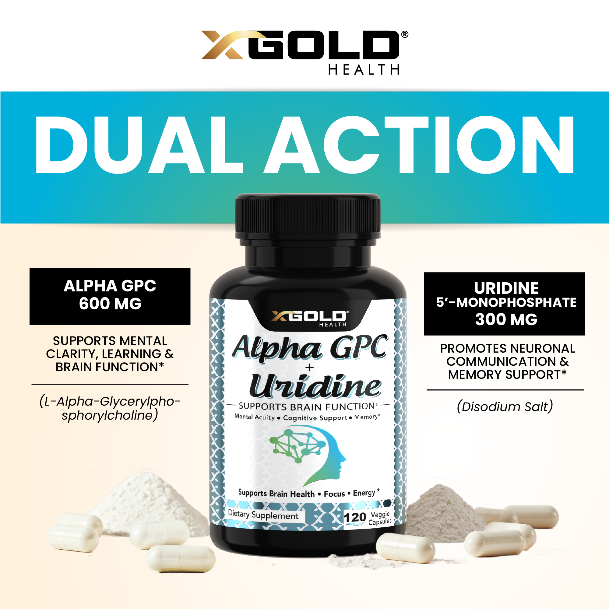 Alpha GPC 600mg + Uridine 300mg | Focus, Memory & Cognitive Clarity - X Gold Health