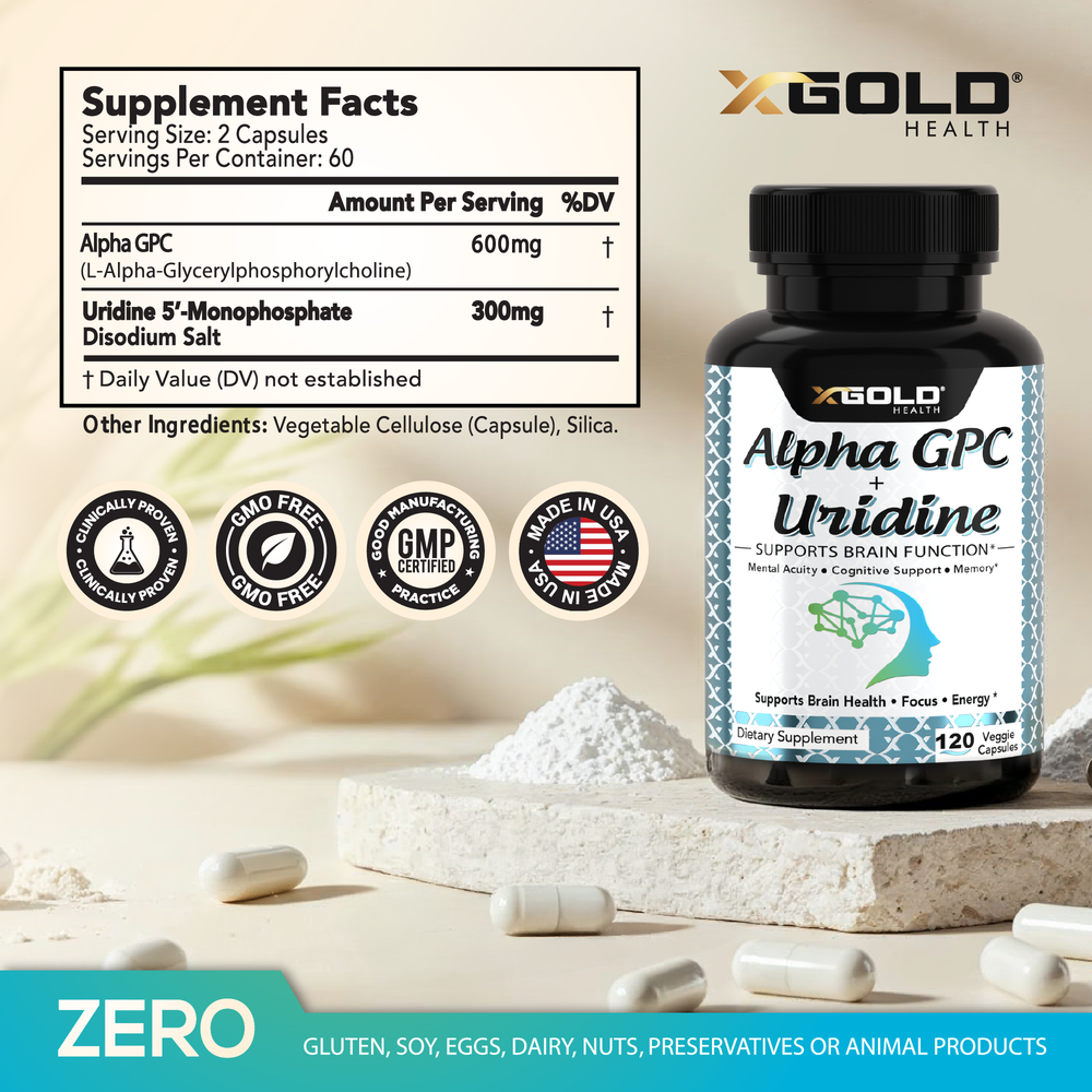 Alpha GPC 600mg + Uridine 300mg | Focus, Memory & Cognitive Clarity - X Gold Health