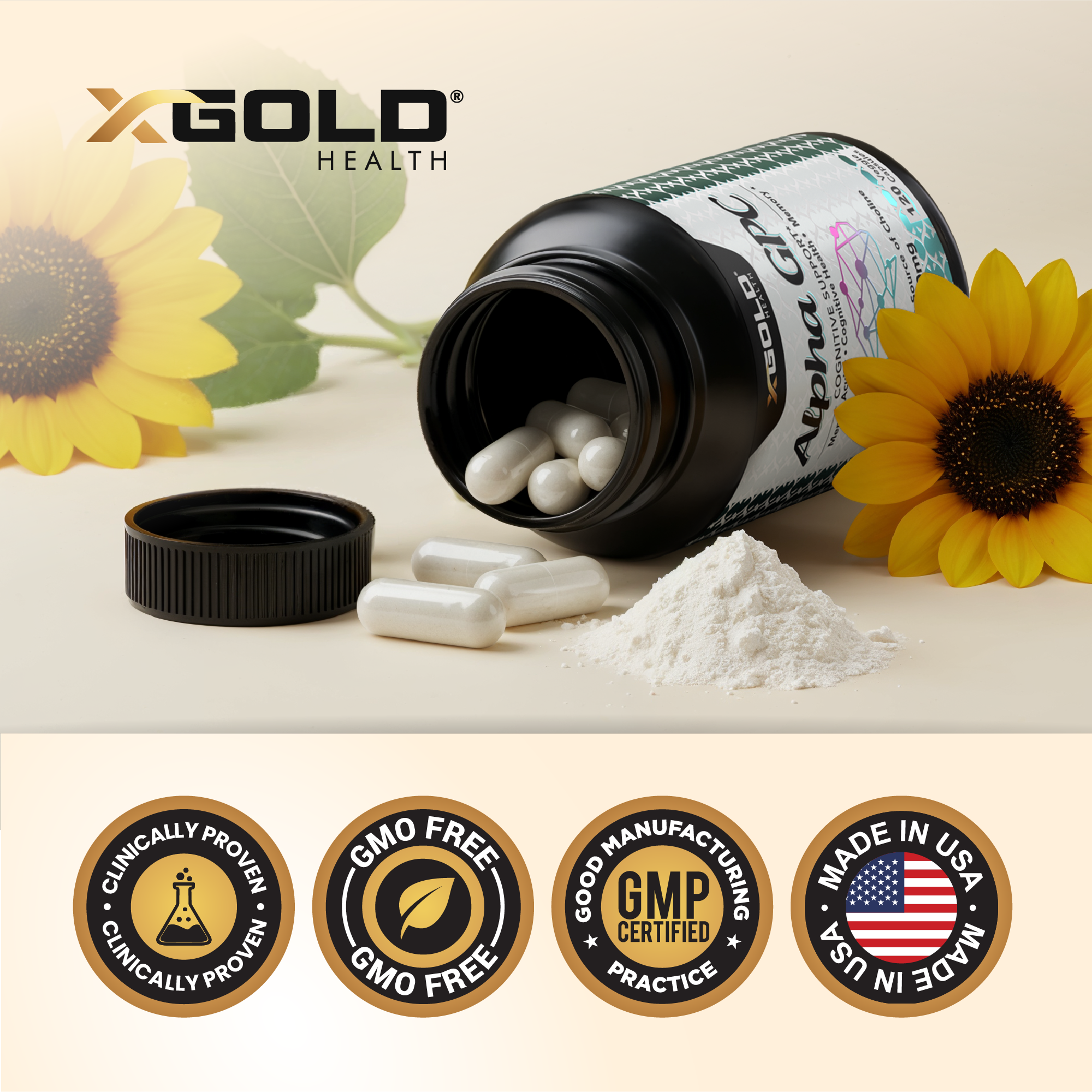X Gold Health Alpha GPC Choline 600mg – 99% Pure Nootropic for Memory, Focus & Brain Health – Cognitive Enhancer – 120 Vegan Capsules - Made in USA - X Gold Health