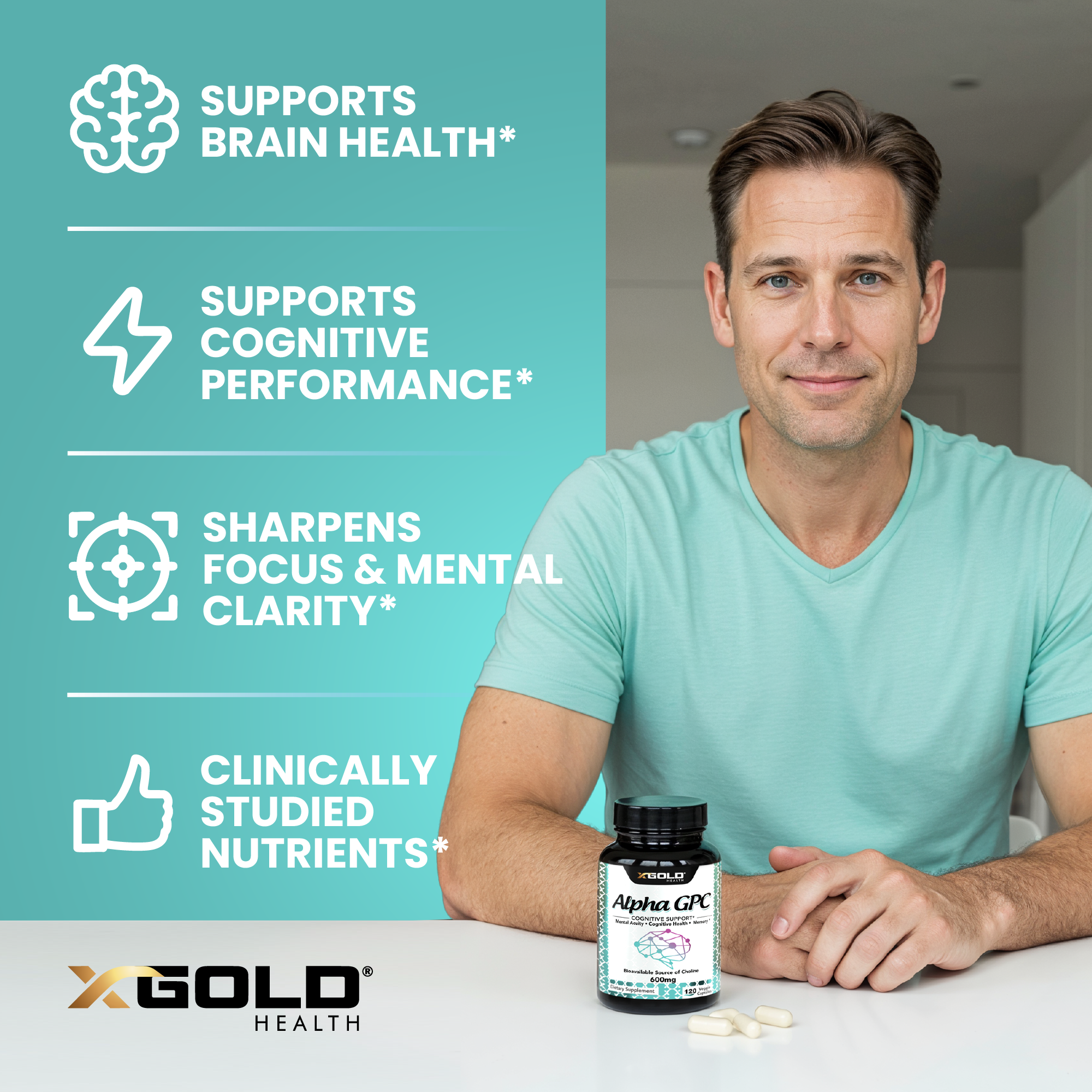 X Gold Health Alpha GPC Choline 600mg – 99% Pure Nootropic for Memory, Focus & Brain Health – Cognitive Enhancer – 120 Vegan Capsules - Made in USA - X Gold Health