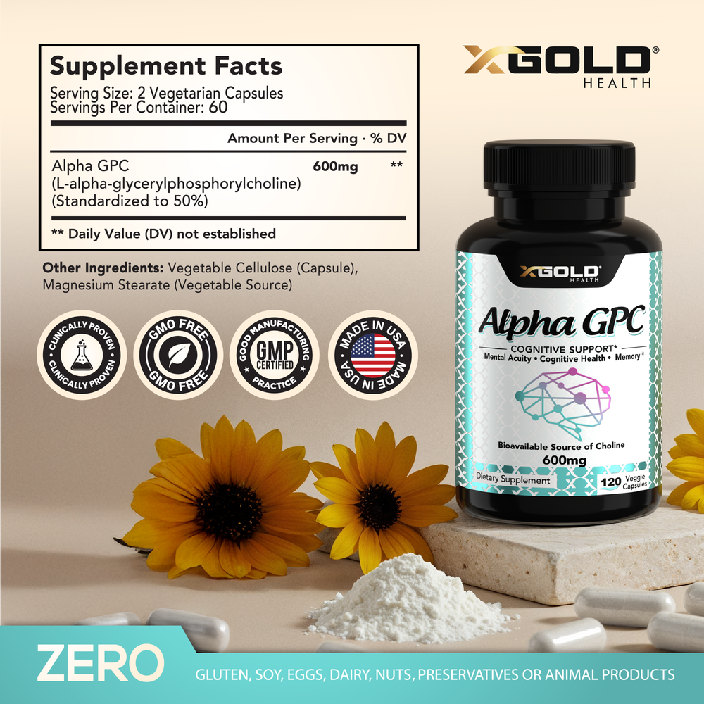 X Gold Health Alpha GPC Choline 600mg – 99% Pure Nootropic for Memory, Focus & Brain Health – Cognitive Enhancer – 120 Vegan Capsules - Made in USA - X Gold Health