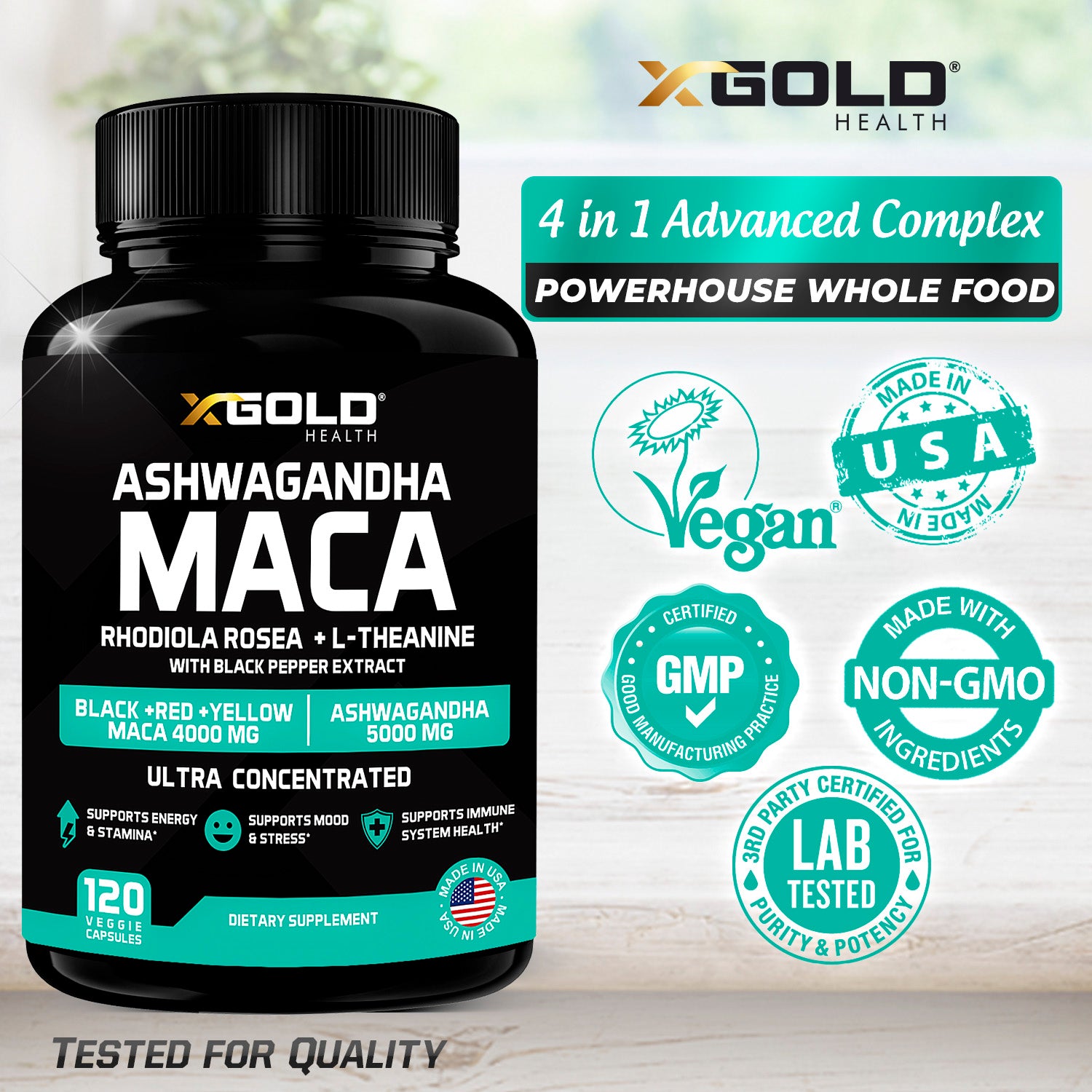 Ashwagandha 30:1 Extract & Maca 20:1 Extract plus Rhodiola Rosea & L-Theanine - X Gold Health