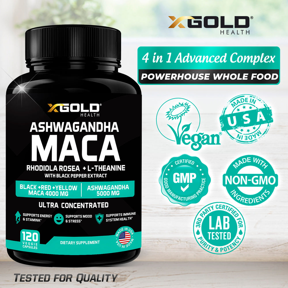 Ashwagandha 30:1 Extract & Maca 20:1 Extract plus Rhodiola Rosea & L-Theanine - X Gold Health