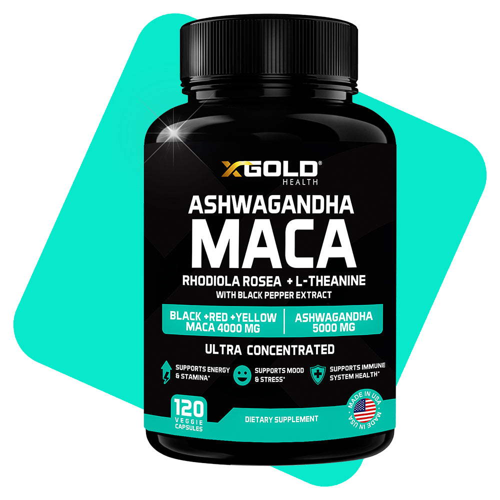 Ashwagandha 30:1 Extract & Maca 20:1 Extract plus Rhodiola Rosea & L-Theanine - X Gold Health