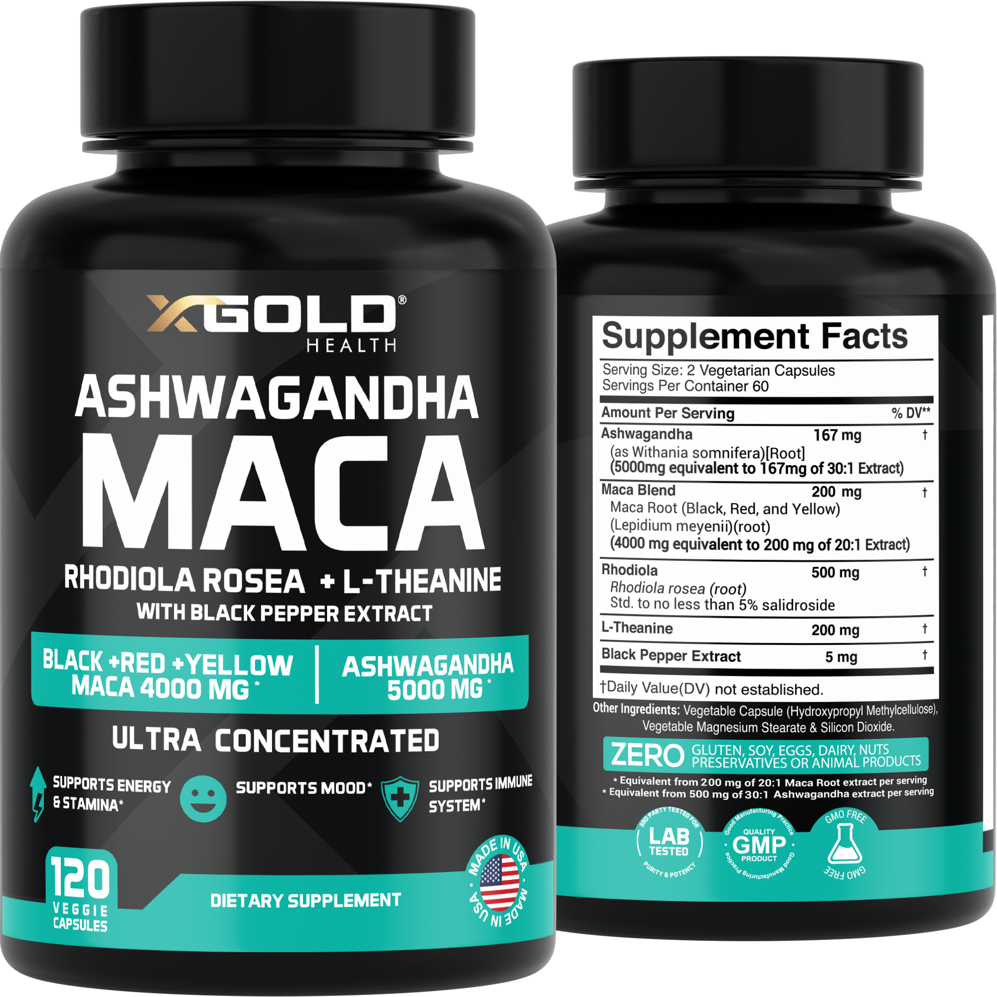 5000mg Ashwagandha, 4000mg Maca Root, Rhodiola, L-Theanine & Black Pepper - X Gold Health