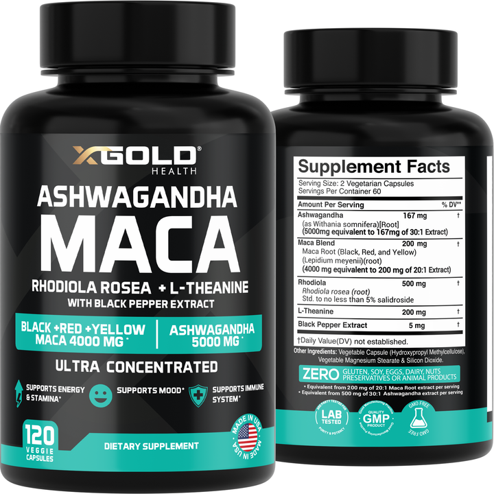 5000mg Ashwagandha, 4000mg Maca Root, Rhodiola, L-Theanine &amp; Black Pepper - X Gold Health