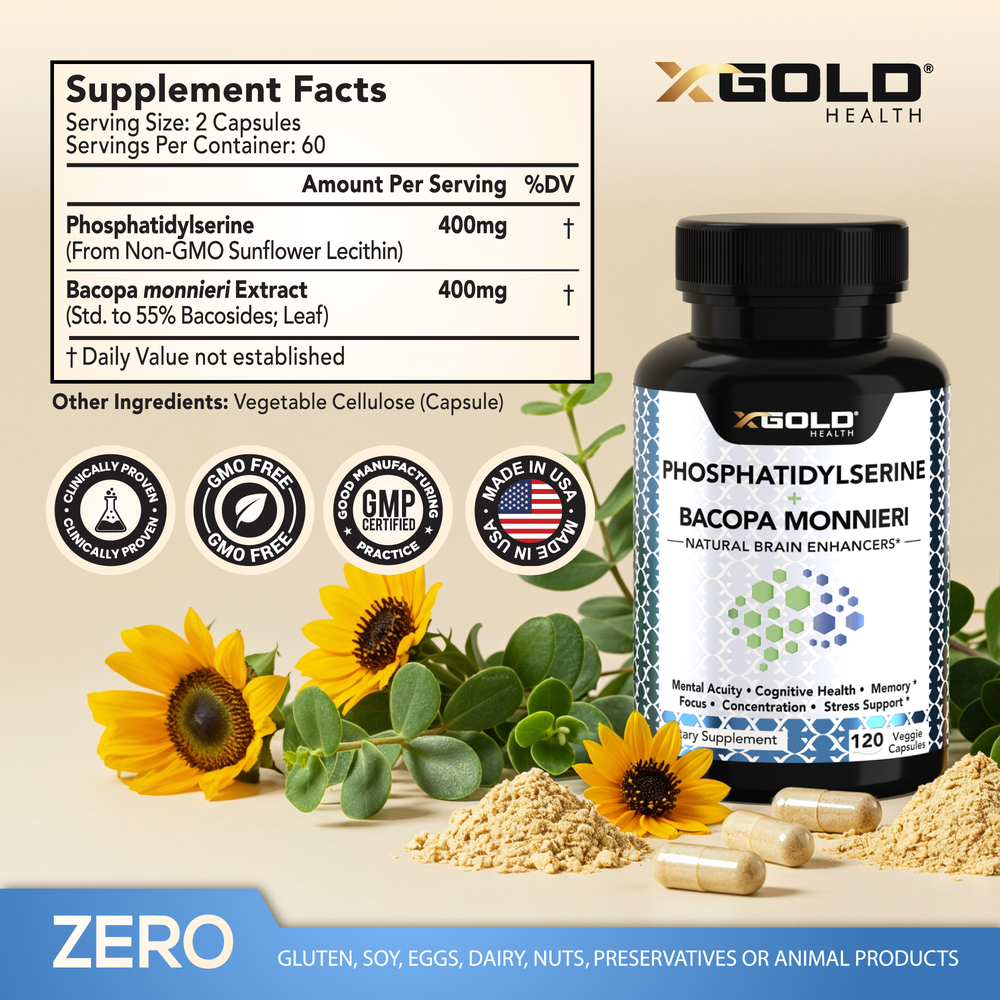 Phosphatidylserine & Bacopa Monnieri 800mg – Brain Enhancer & Nootropic for Improved Focus, Memory, & Cognitive Function  – 120 Vegetarian Capsules - Made in USA - X Gold Health