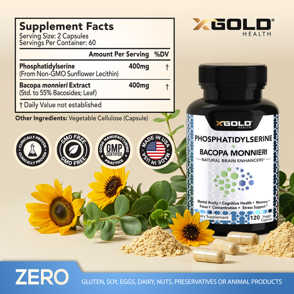Phosphatidylserine & Bacopa Monnieri 800mg – Brain Enhancer & Nootropic for Improved Focus, Memory, & Cognitive Function  – 120 Vegetarian Capsules - Made in USA