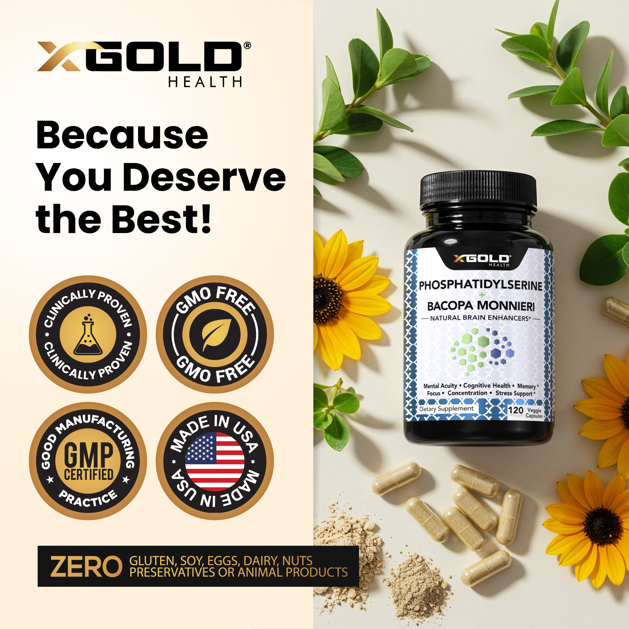 Phosphatidylserine & Bacopa Monnieri 800mg – Brain Enhancer & Nootropic for Improved Focus, Memory, & Cognitive Function  – 120 Vegetarian Capsules - Made in USA - X Gold Health