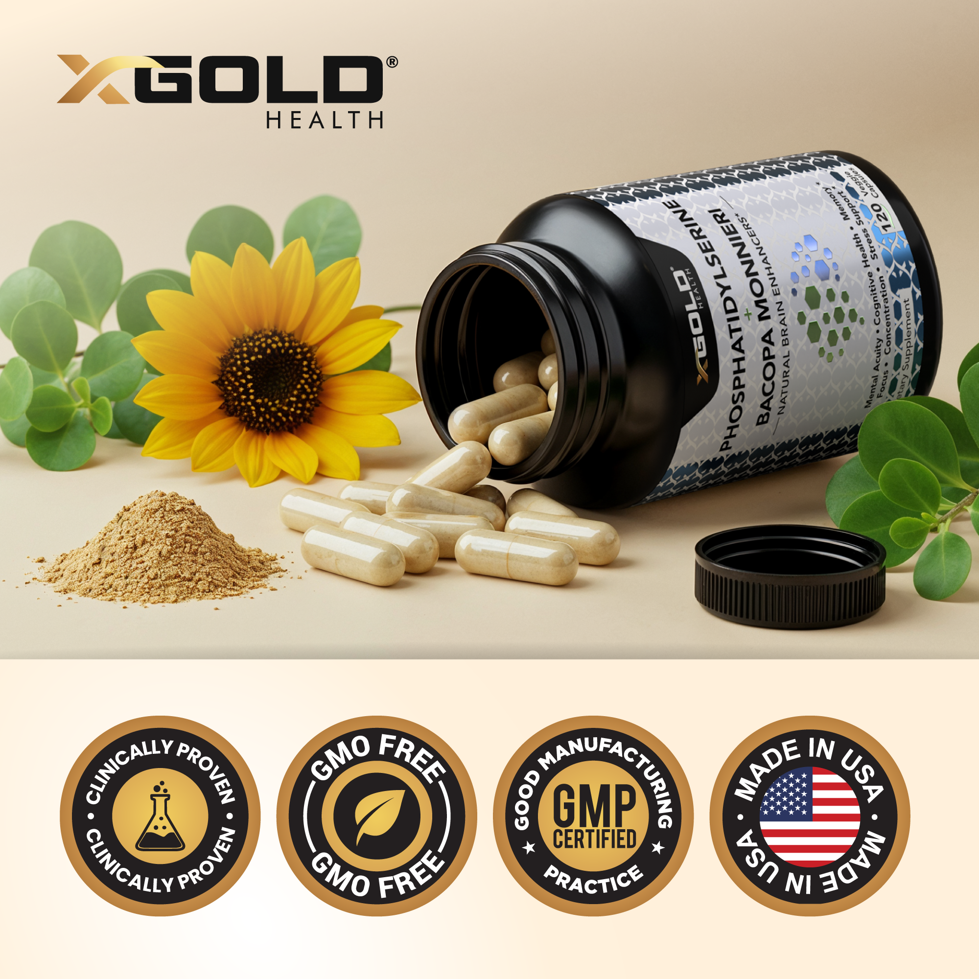 Phosphatidylserine & Bacopa Monnieri 800mg – Brain Enhancer & Nootropic for Improved Focus, Memory, & Cognitive Function  – 120 Vegetarian Capsules - Made in USA - X Gold Health