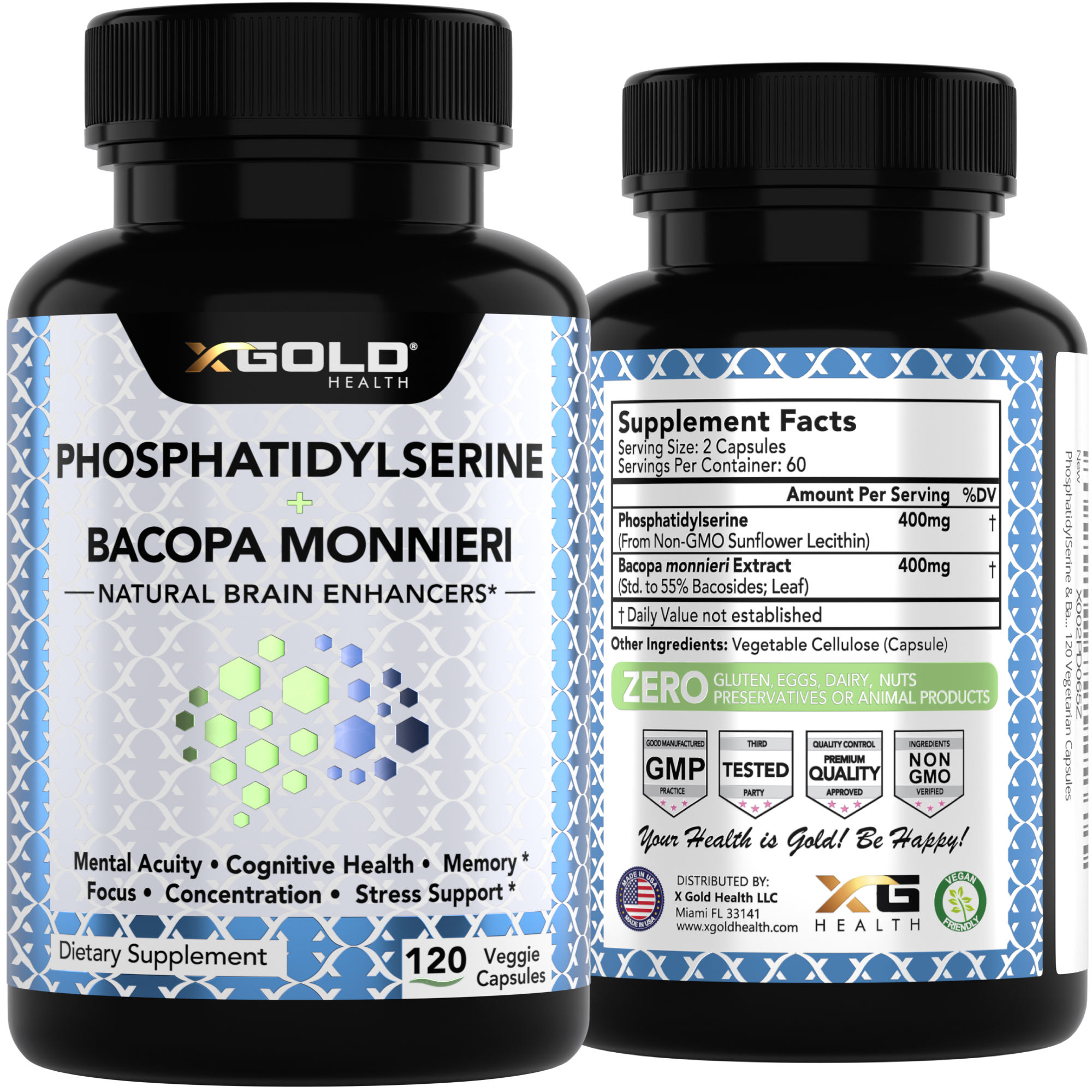 Phosphatidylserine & Bacopa Monnieri 800mg – Brain Enhancer & Nootropic for Improved Focus, Memory, & Cognitive Function  – 120 Vegetarian Capsules - Made in USA - X Gold Health