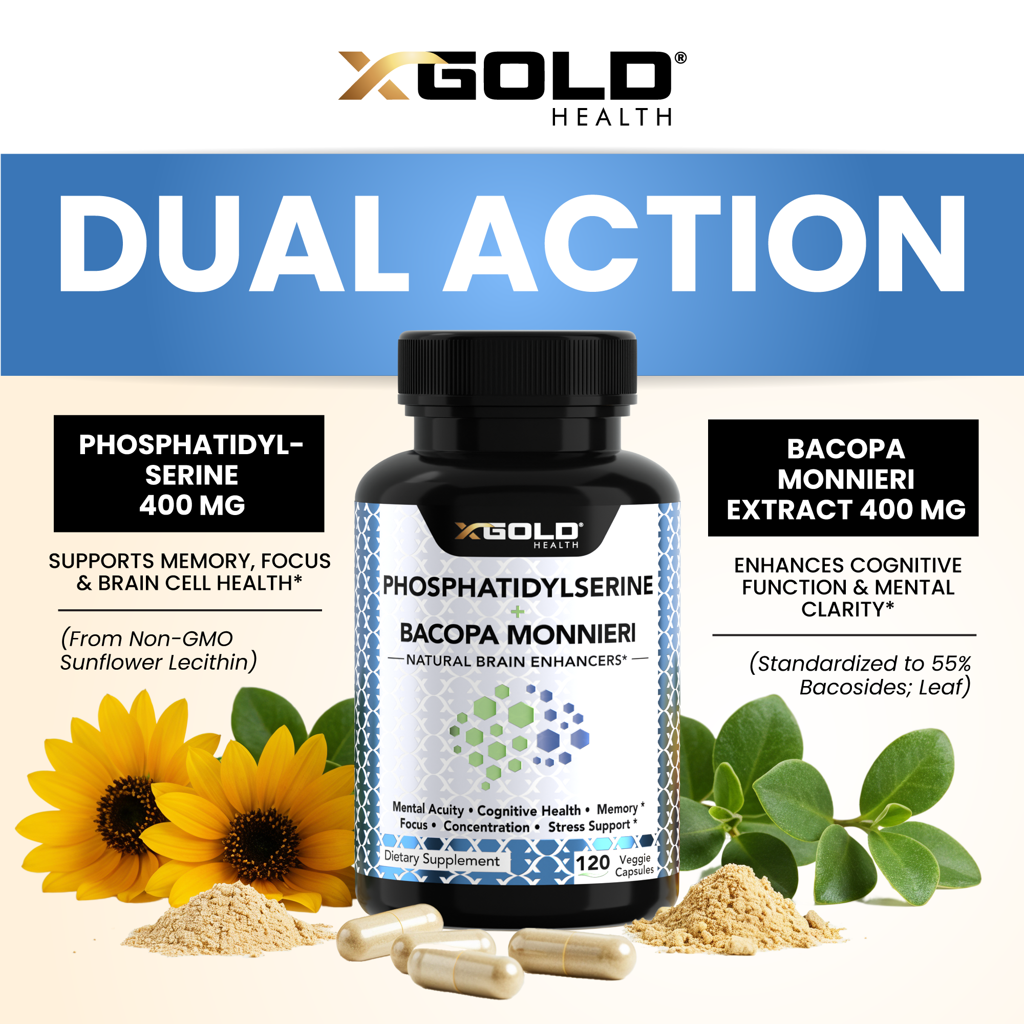 Phosphatidylserine & Bacopa Monnieri 800mg – Brain Enhancer & Nootropic for Improved Focus, Memory, & Cognitive Function  – 120 Vegetarian Capsules - Made in USA - X Gold Health