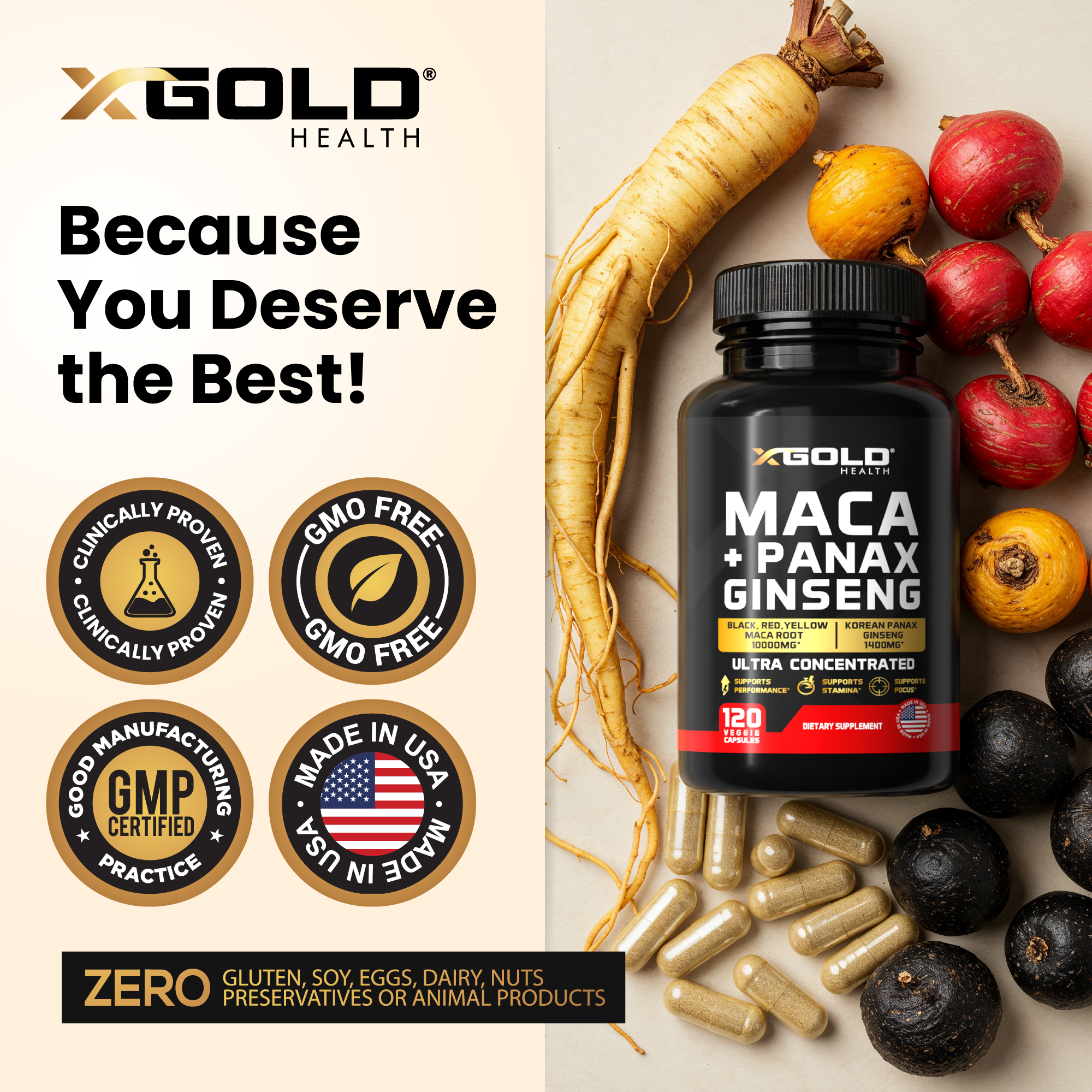Maca Root Capsules 10,000mg + Korean Panax Ginseng 1,400mg - X Gold Health