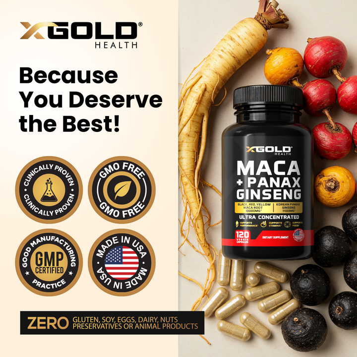 Maca Root Capsules 10,000mg + Korean Panax Ginseng 1,400mg - X Gold Health