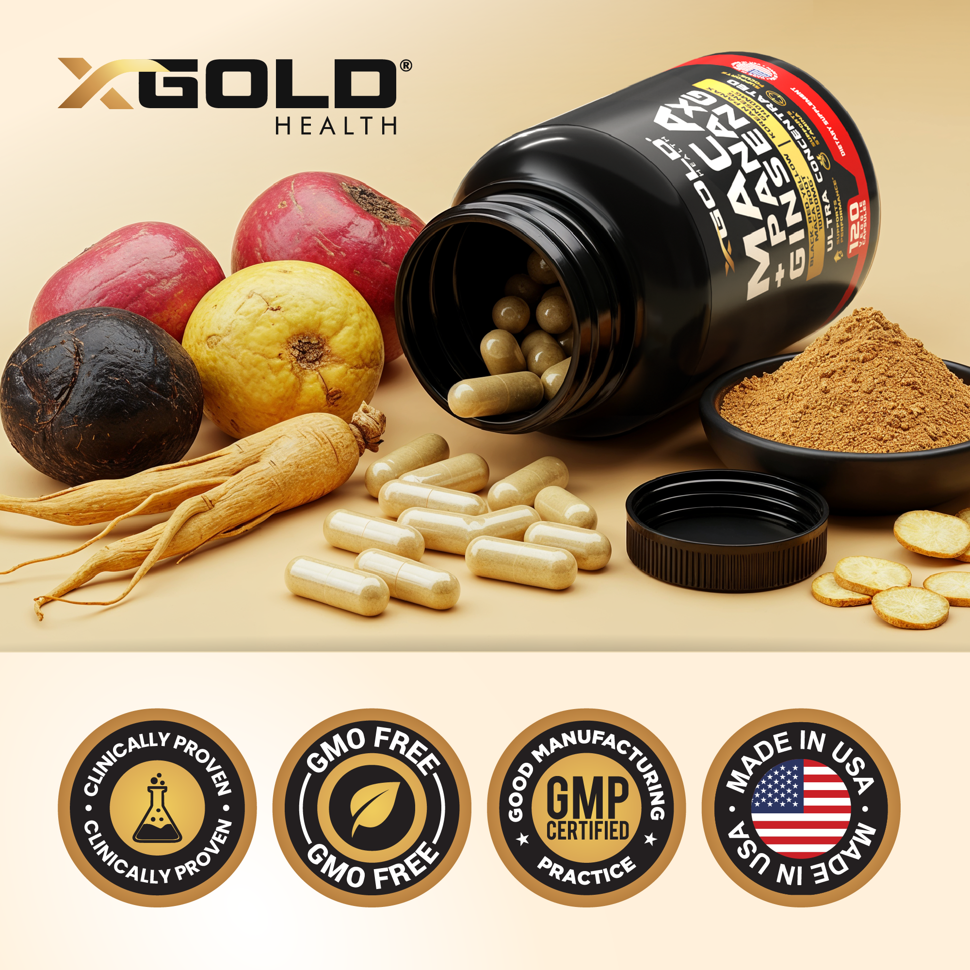 Maca Root Capsules 10,000mg + Korean Panax Ginseng 1,400mg - X Gold Health