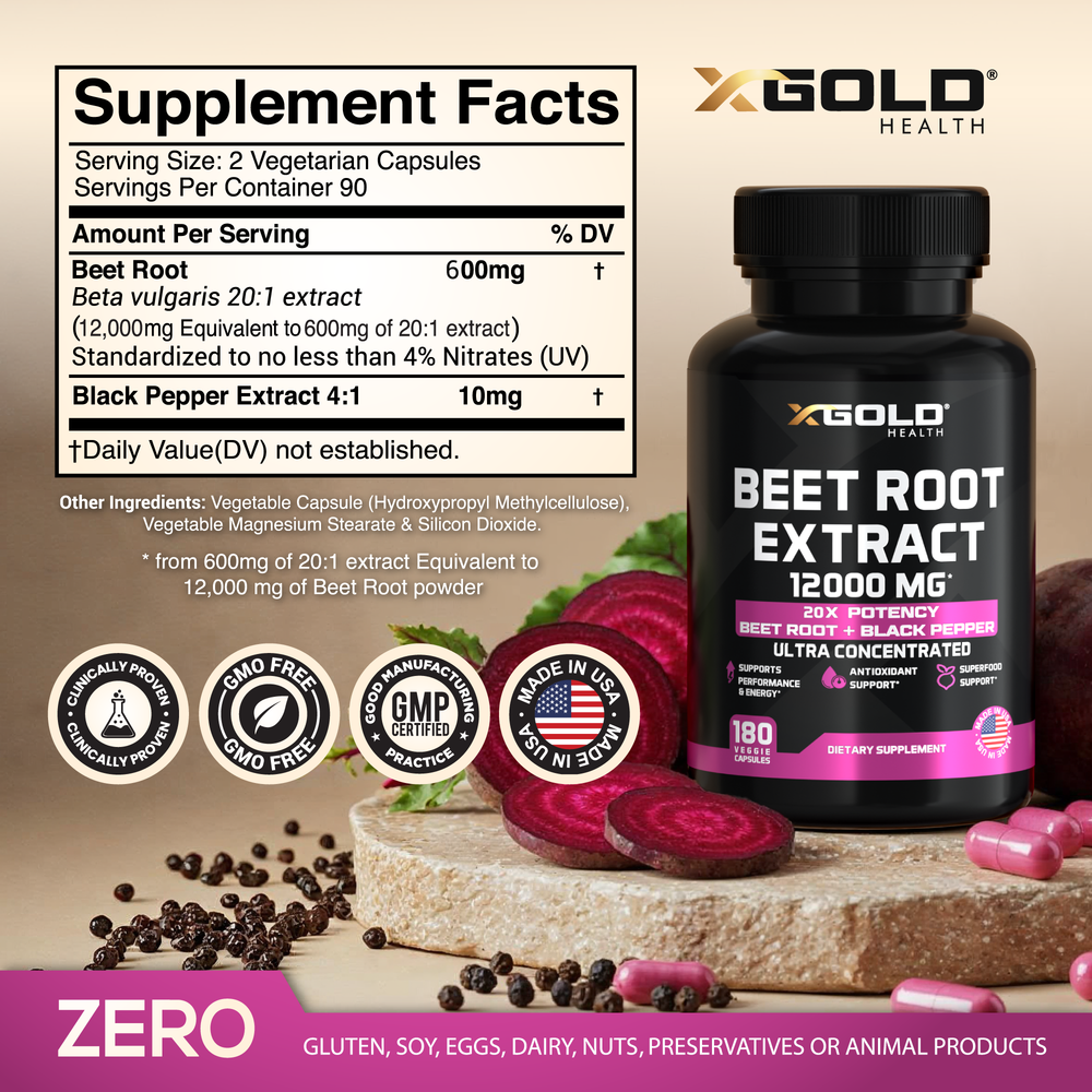 Beet Root Extract - 12,000mg Highly Concentrated Nitric Oxide - X Gold Health