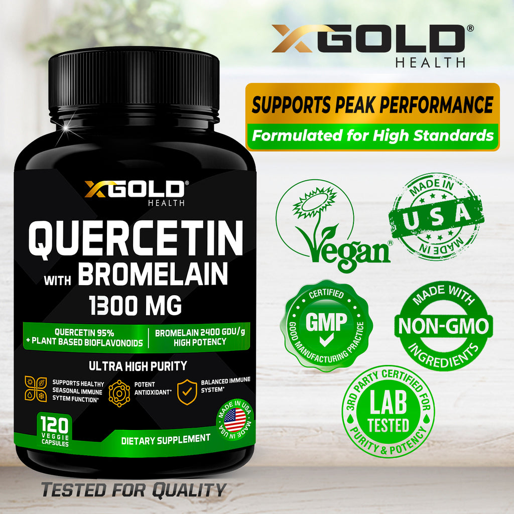 X Gold Health Quercetin + Bromelain 1,300mg – Quercetin: 95% - Highly