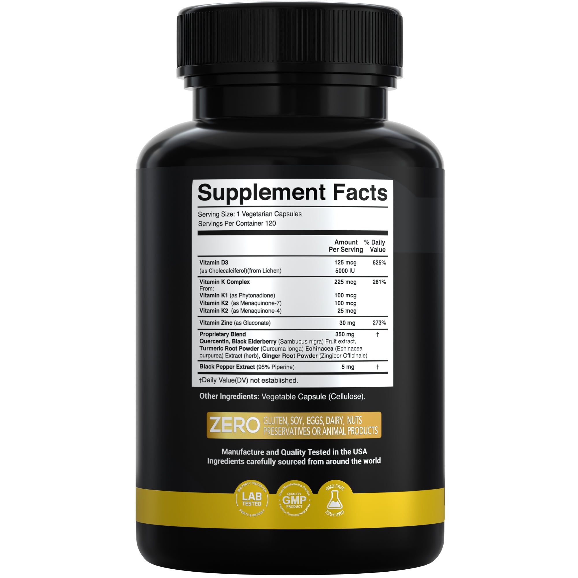 X Gold Health 8-in-1 Whole Food Immune Support Supplement – Vitamin D3 5000 IU (Plant-Based from Lichen), Vitamin K2 (MK7, MK4) & K1, Zinc, Quercetin, Elderberry, Turmeric, Ginger & Echinacea – Supports Immunity & Overall Wellness – 120 Capsules - X Gold Health
