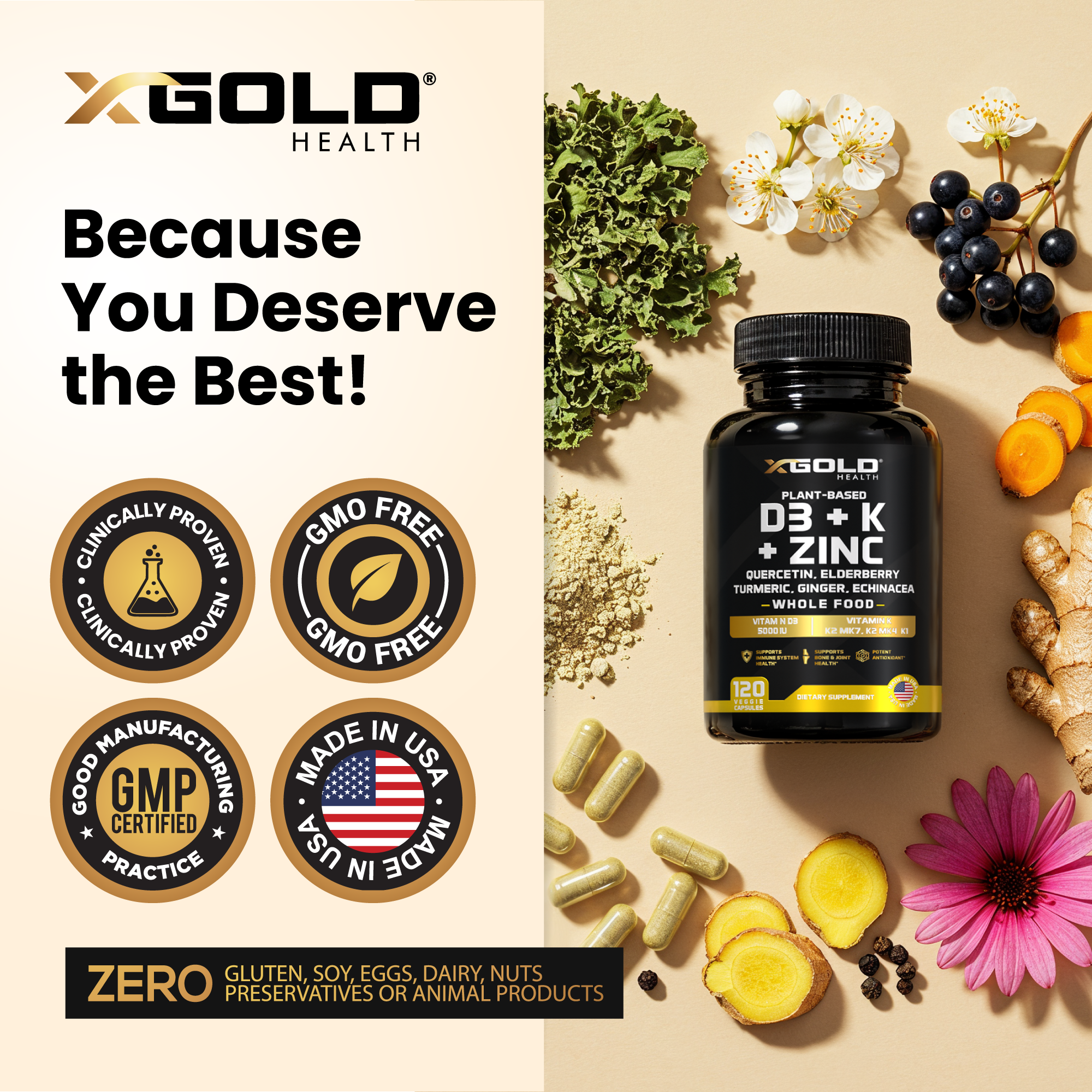 X Gold Health 8-in-1 Whole Food Immune Support Supplement – Vitamin D3 5000 IU (Plant-Based from Lichen), Vitamin K2 (MK7, MK4) & K1, Zinc, Quercetin, Elderberry, Turmeric, Ginger & Echinacea – Supports Immunity & Overall Wellness – 120 Capsules - X Gold Health