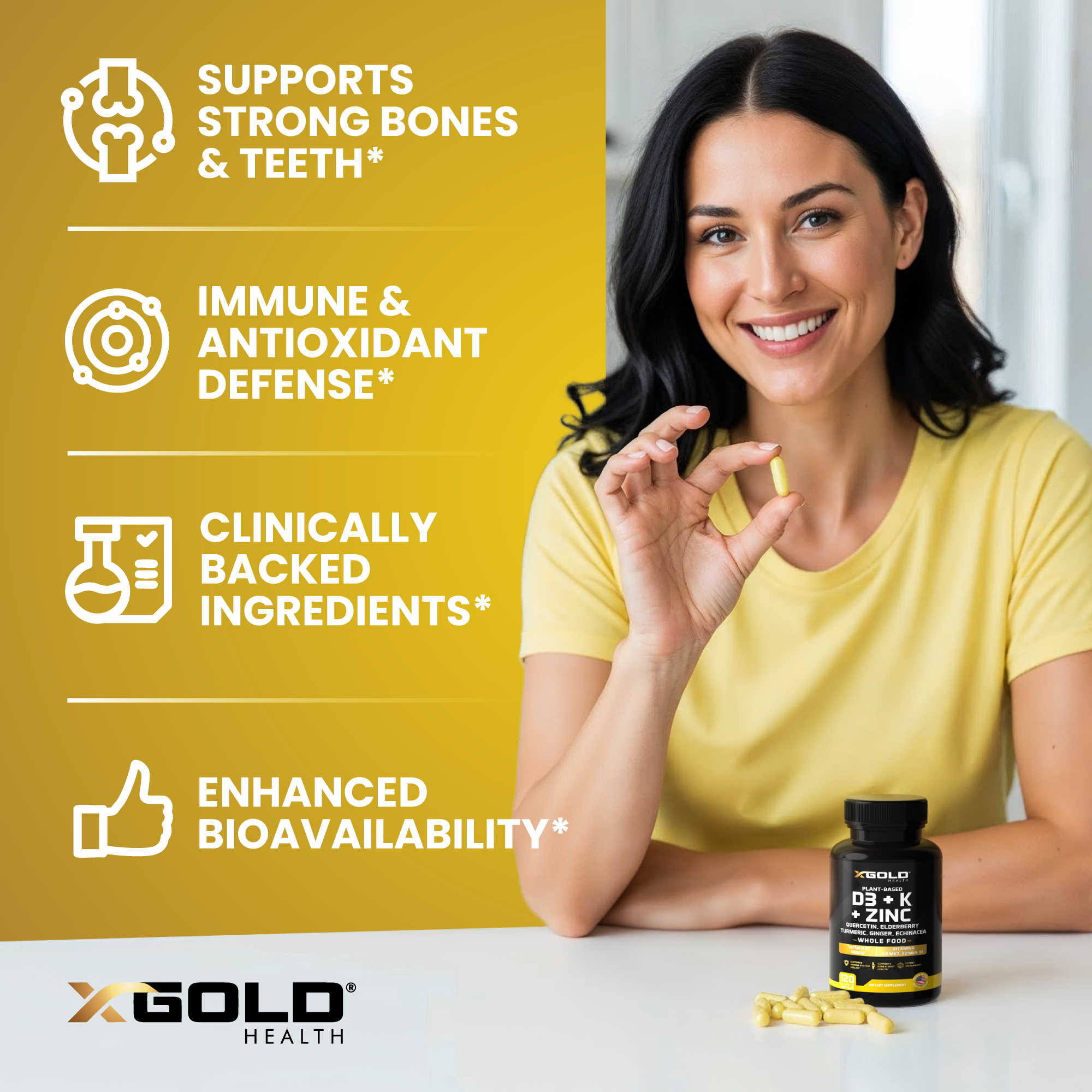 X Gold Health 8-in-1 Whole Food Immune Support Supplement – Vitamin D3 5000 IU (Plant-Based from Lichen), Vitamin K2 (MK7, MK4) & K1, Zinc, Quercetin, Elderberry, Turmeric, Ginger & Echinacea – Supports Immunity & Overall Wellness – 120 Capsules - X Gold Health