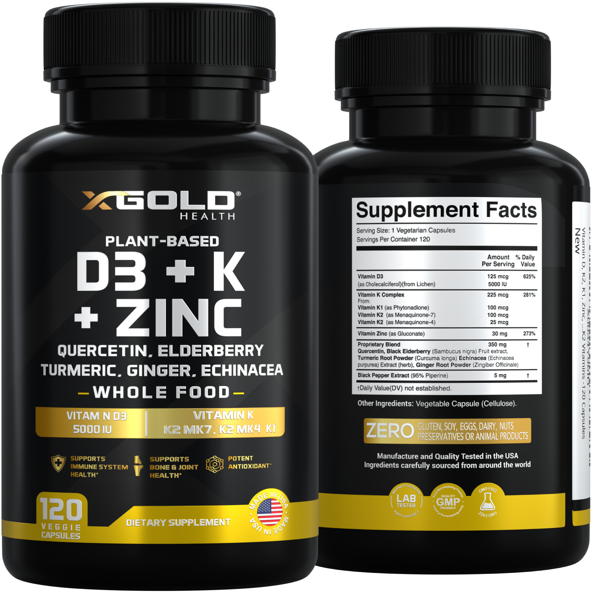 X Gold Health 8-in-1 Whole Food Immune Support Supplement – Vitamin D3 5000 IU (Plant-Based from Lichen), Vitamin K2 (MK7, MK4) & K1, Zinc, Quercetin, Elderberry, Turmeric, Ginger & Echinacea – Supports Immunity & Overall Wellness – 120 Capsules - X Gold Health