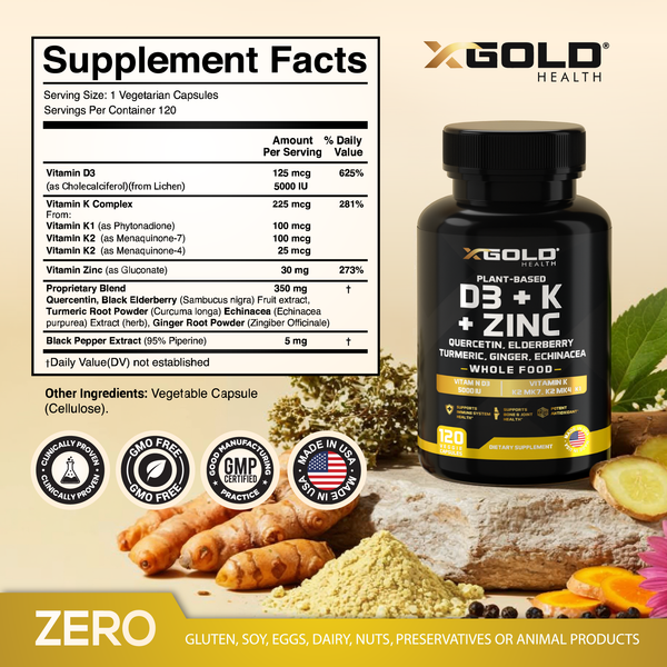 X Gold Health 8-in-1 Whole Food Immune Support Supplement – Vitamin D3 5000 IU (Plant-Based from Lichen), Vitamin K2 (MK7, MK4) & K1, Zinc, Quercetin, Elderberry, Turmeric, Ginger & Echinacea – Supports Immunity & Overall Wellness – 120 Capsules