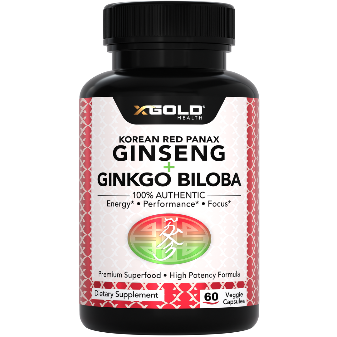 X Gold Health Korean Red Panax Ginseng 1200mg & Ginkgo Biloba – Extra Strength Root Extract for Energy, Focus & Performance - Made in USA - X Gold Health