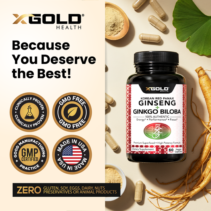 X Gold Health Korean Red Panax Ginseng 1200mg &amp; Ginkgo Biloba – Extra Strength Root Extract for Energy, Focus &amp; Performance - Made in USA - X Gold Health
