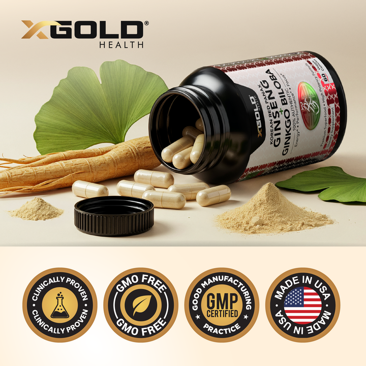 X Gold Health Korean Red Panax Ginseng 1200mg &amp; Ginkgo Biloba – Extra Strength Root Extract for Energy, Focus &amp; Performance - Made in USA - X Gold Health