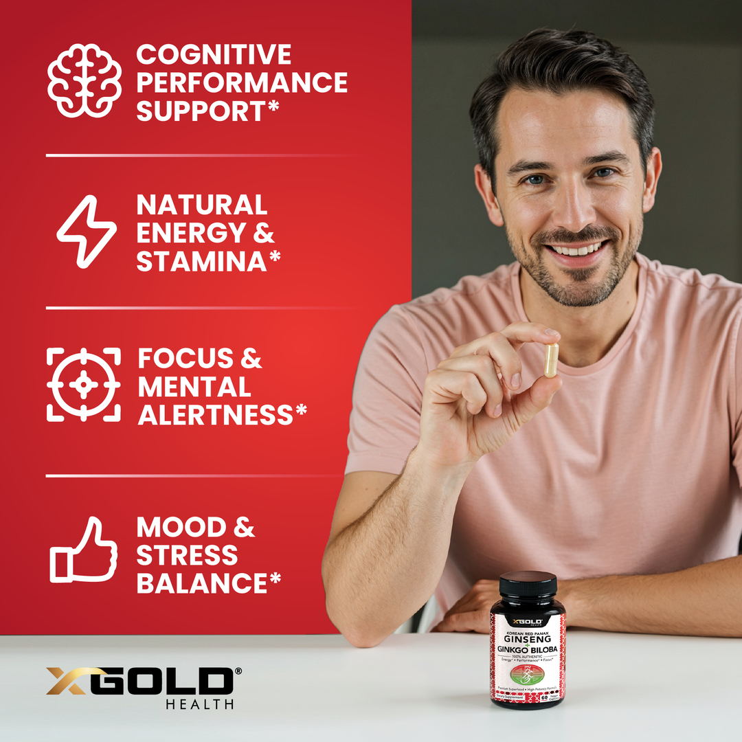 X Gold Health Korean Red Panax Ginseng 1200mg &amp; Ginkgo Biloba – Extra Strength Root Extract for Energy, Focus &amp; Performance - Made in USA - X Gold Health