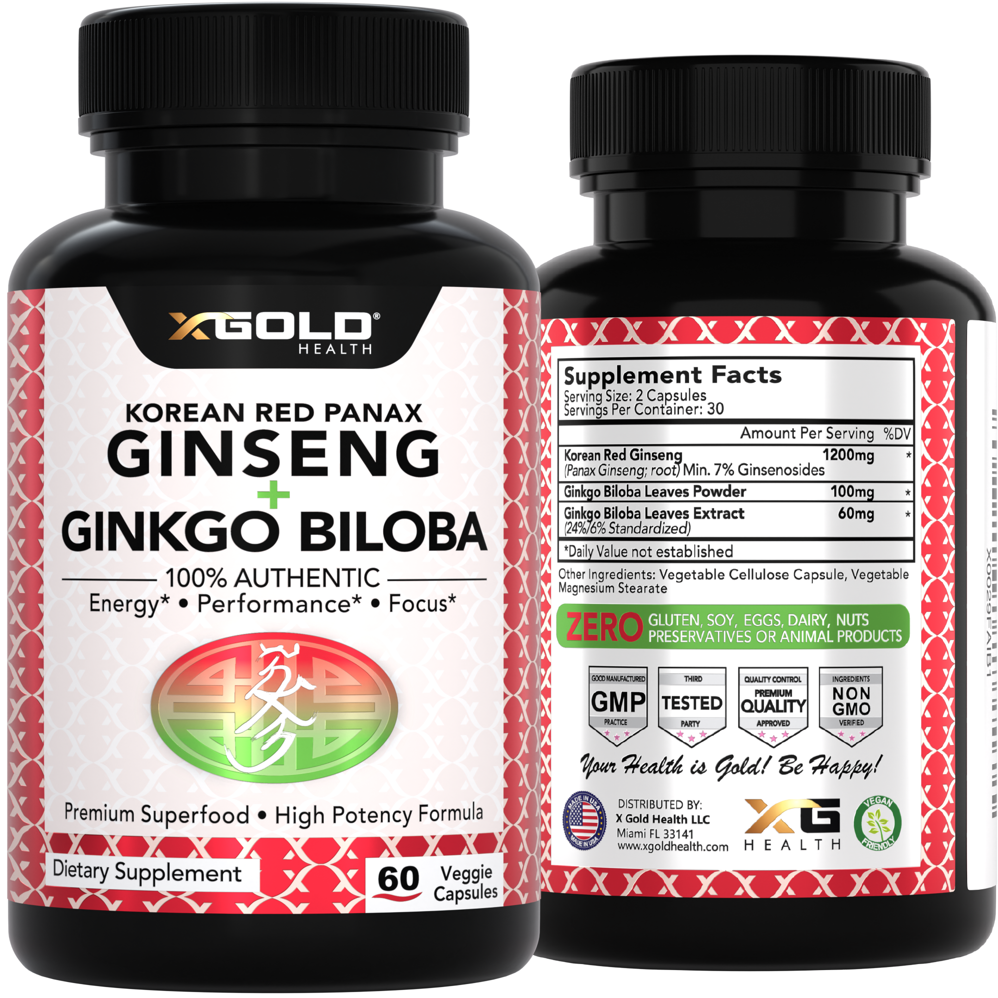 X Gold Health Korean Red Panax Ginseng 1200mg & Ginkgo Biloba – Extra Strength Root Extract for Energy, Focus & Performance - Made in USA - X Gold Health