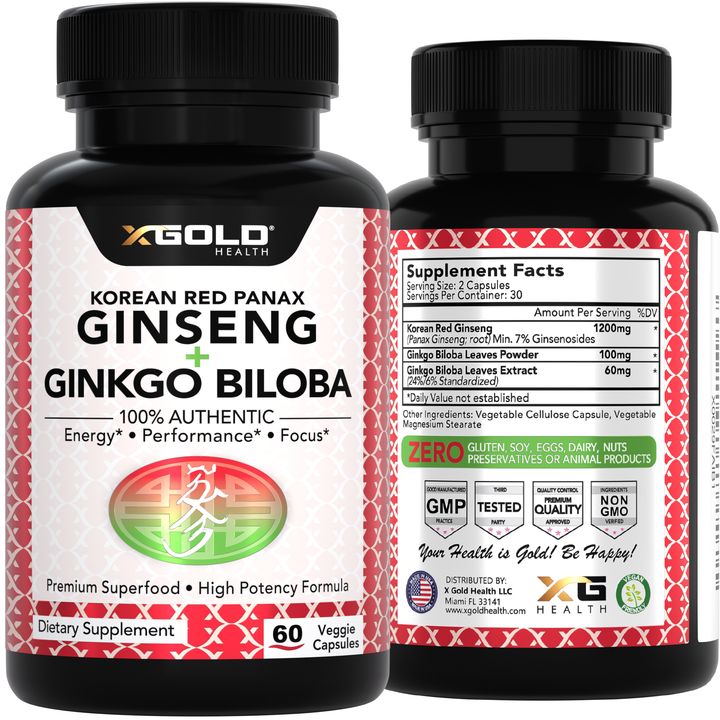 X Gold Health Korean Red Panax Ginseng 1200mg &amp; Ginkgo Biloba – Extra Strength Root Extract for Energy, Focus &amp; Performance - Made in USA - X Gold Health