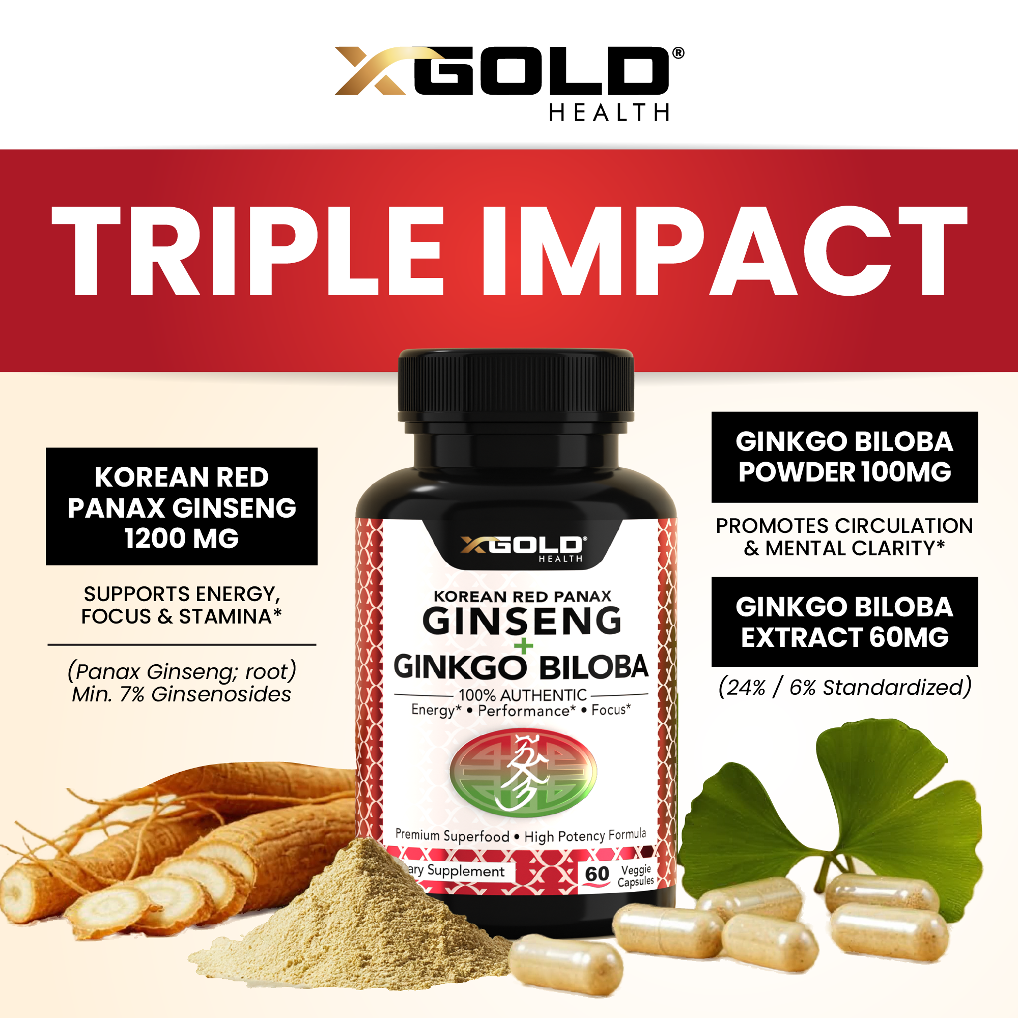 X Gold Health Korean Red Panax Ginseng 1200mg & Ginkgo Biloba – Extra Strength Root Extract for Energy, Focus & Performance - Made in USA - X Gold Health