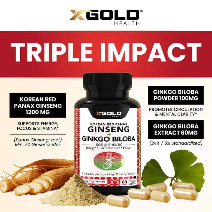 X Gold Health Korean Red Panax Ginseng 1200mg &amp; Ginkgo Biloba – Extra Strength Root Extract for Energy, Focus &amp; Performance - Made in USA - X Gold Health