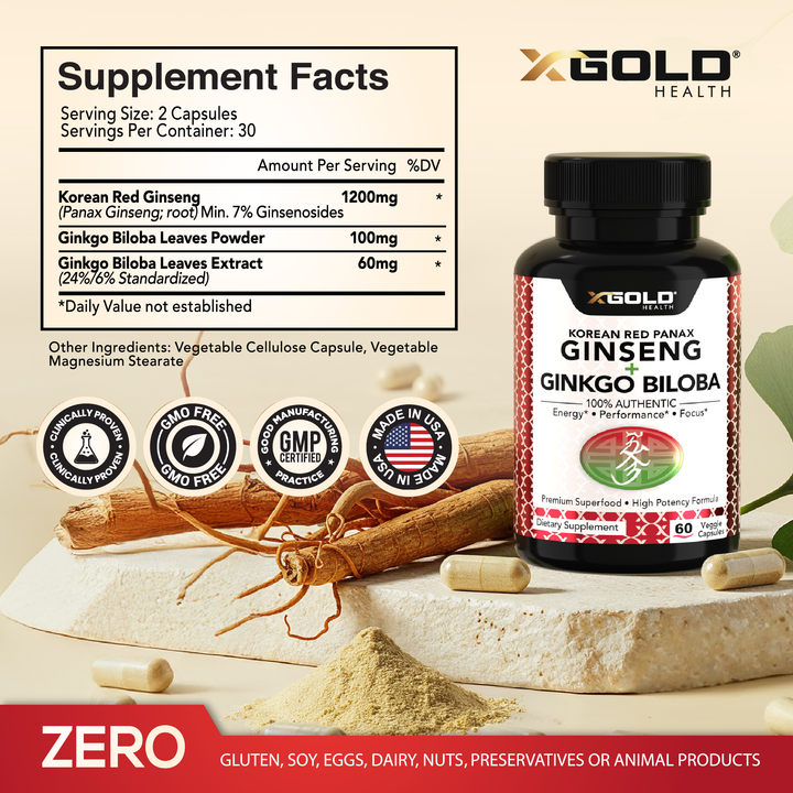 X Gold Health Korean Red Panax Ginseng 1200mg &amp; Ginkgo Biloba – Extra Strength Root Extract for Energy, Focus &amp; Performance - Made in USA - X Gold Health
