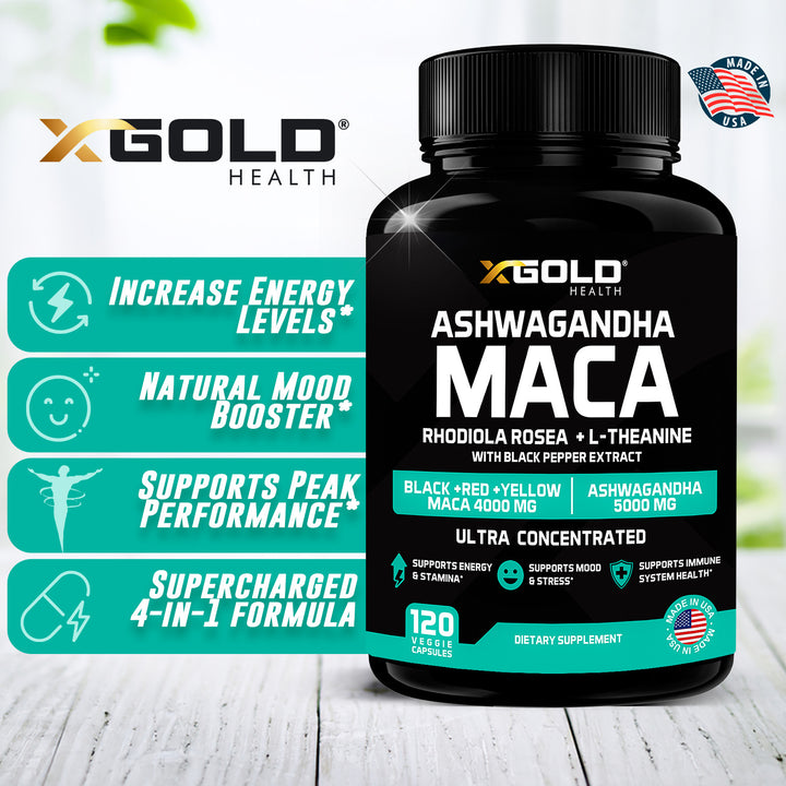 Ashwagandha 30:1 Extract &amp; Maca 20:1 Extract plus Rhodiola Rosea &amp; L-Theanine - X Gold Health