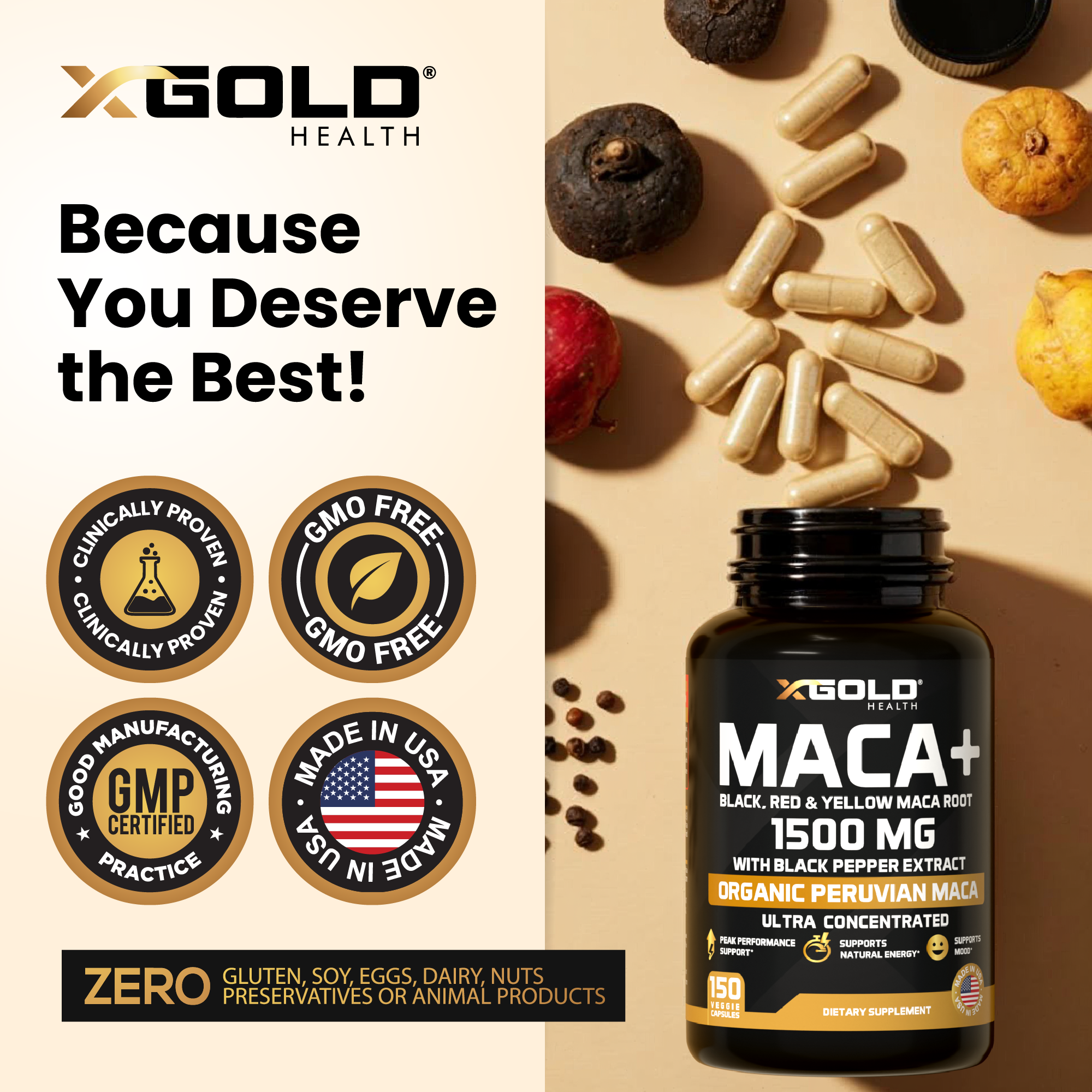 Maca Root Powder Capsules 1500mg (Black, Red & Yellow Peruvian Maca) – Energy, Mood & Vitality Support - Gelatinized Extract with Black Pepper - X Gold Health