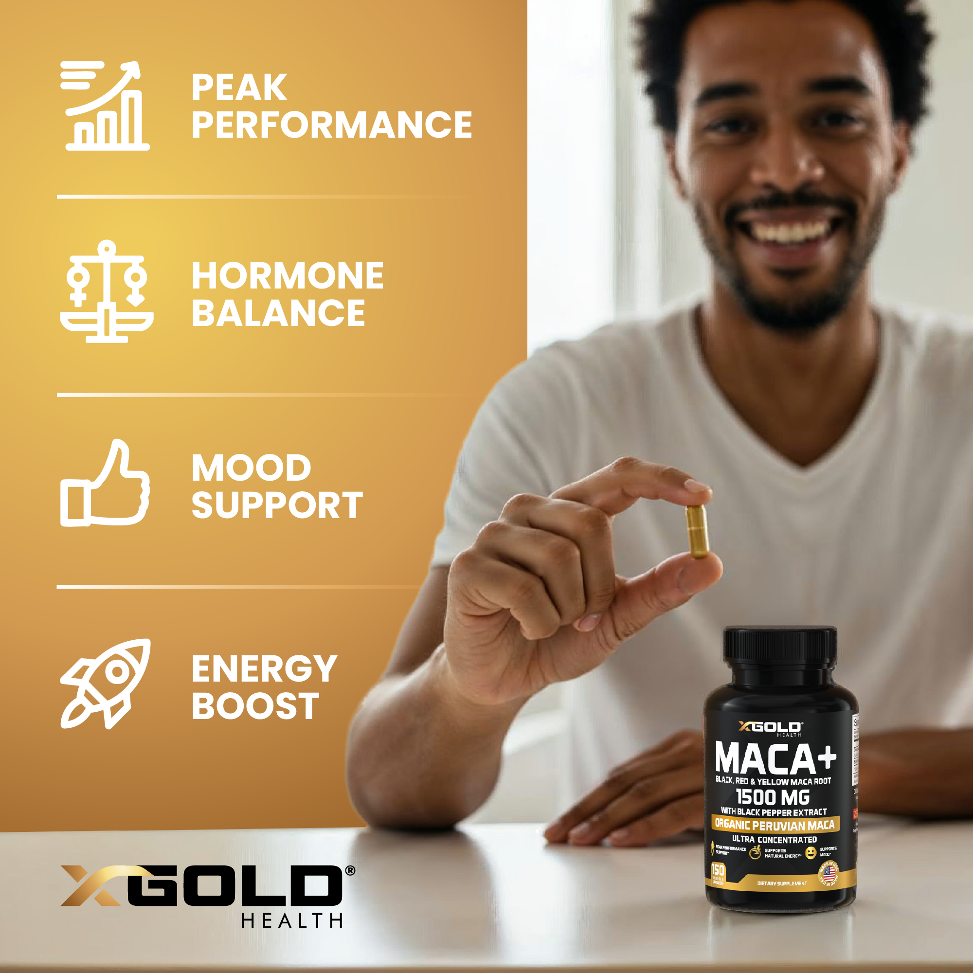 Maca Root Powder Capsules 1500mg (Black, Red & Yellow Peruvian Maca) – Energy, Mood & Vitality Support - Gelatinized Extract with Black Pepper - X Gold Health