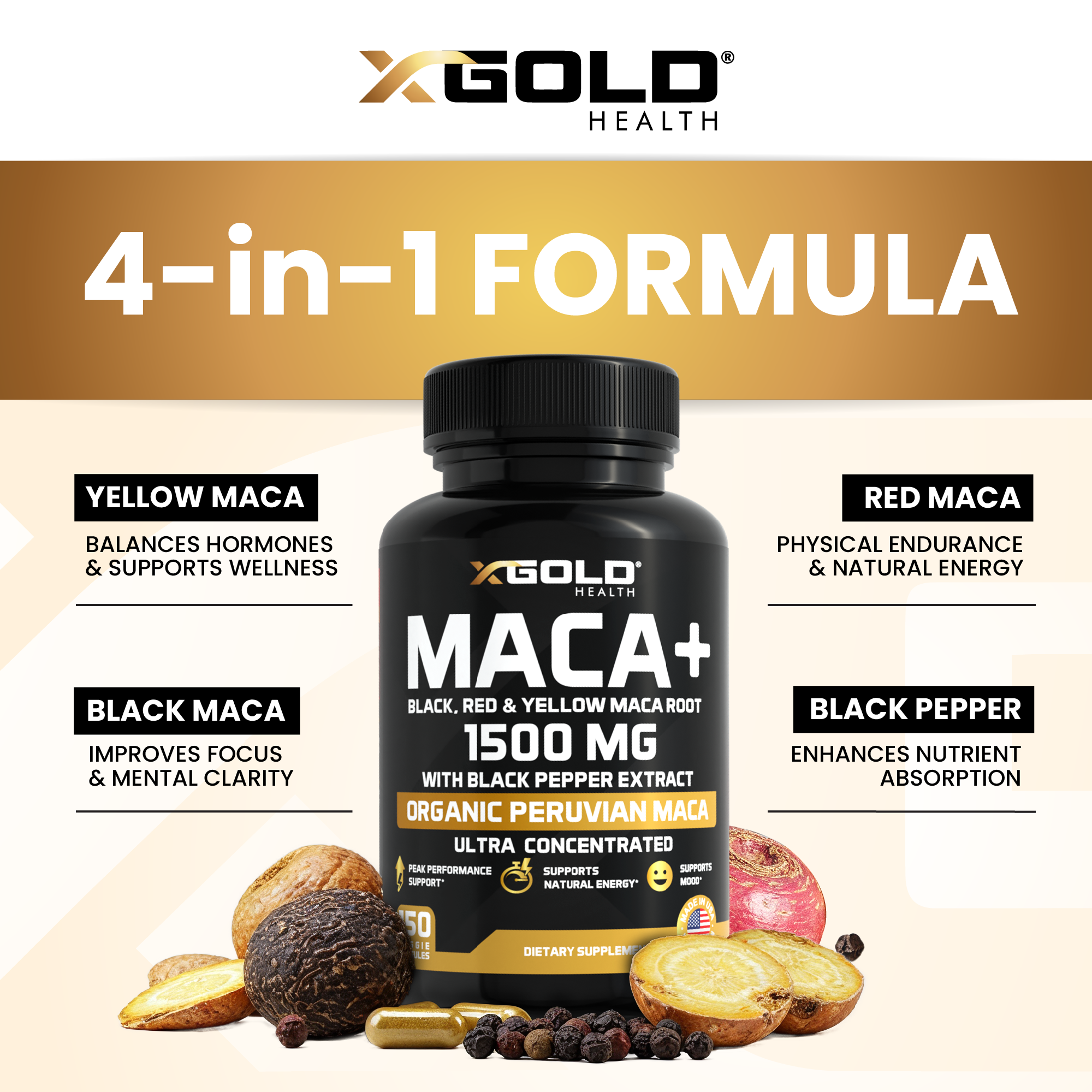 Maca Root Powder Capsules 1500mg (Black, Red & Yellow Peruvian Maca) – Energy, Mood & Vitality Support - Gelatinized Extract with Black Pepper - X Gold Health