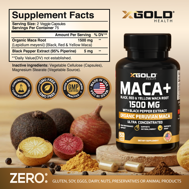 Maca Root Powder Capsules 1500mg (Black, Red &amp; Yellow Peruvian Maca) – Energy, Mood &amp; Vitality Support - Gelatinized Extract with Black Pepper - X Gold Health