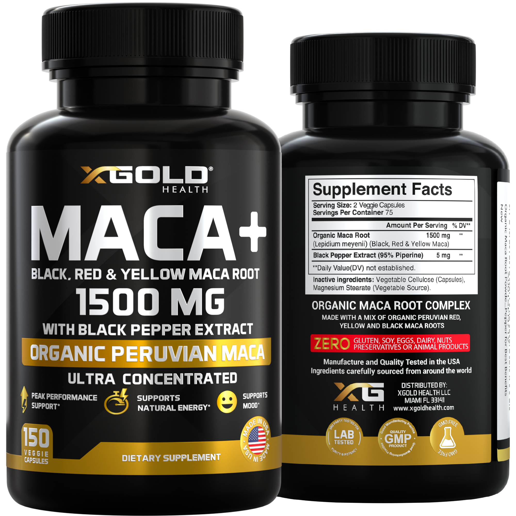 Maca Root Powder Capsules 1500mg (Black, Red & Yellow Peruvian Maca) – Energy, Mood & Vitality Support - Gelatinized Extract with Black Pepper - X Gold Health