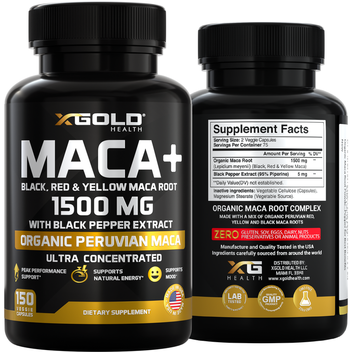 Maca Root Powder Capsules 1500mg (Black, Red &amp; Yellow Peruvian Maca) – Energy, Mood &amp; Vitality Support - Gelatinized Extract with Black Pepper - X Gold Health