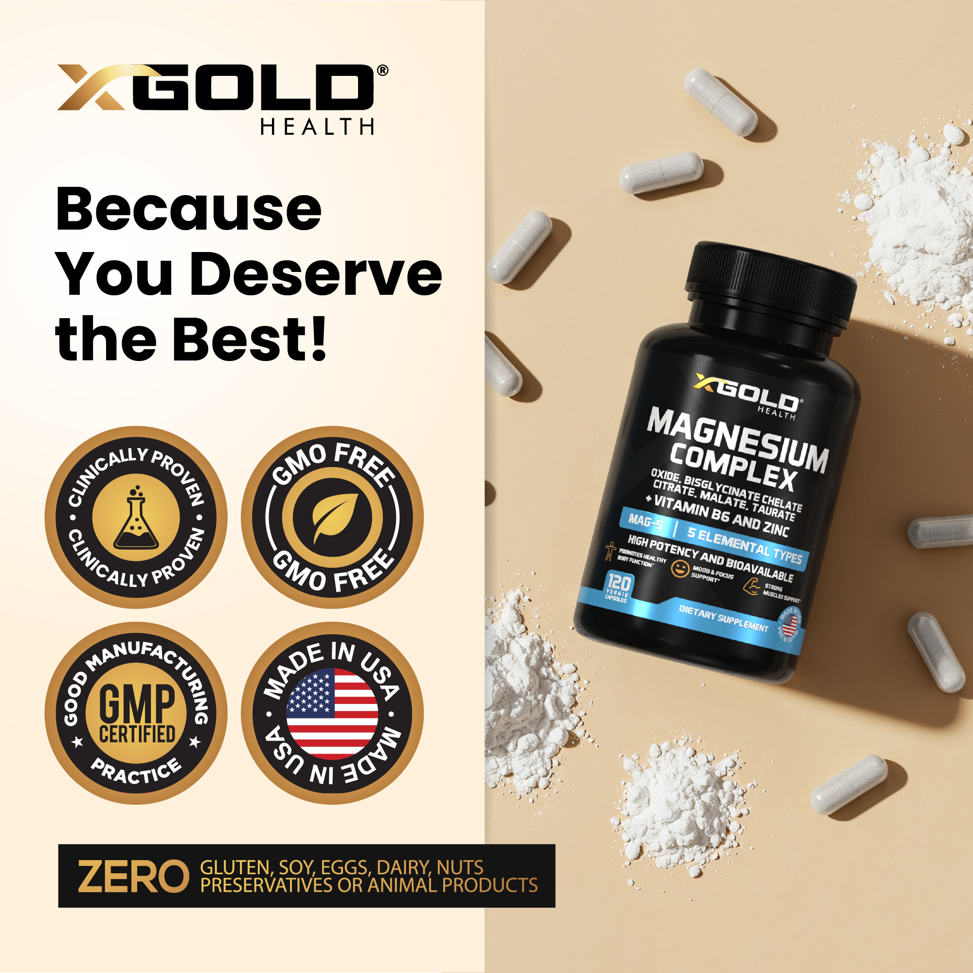 Micronized Magnesium Complex Plus B6 | Zinc Magnesium Oxide, Bisglycinate Chelate, Citrate, Malate | Taurate | Bones, Muscle, Energy,Immune System High Absorption - Made in The USA - X Gold Health