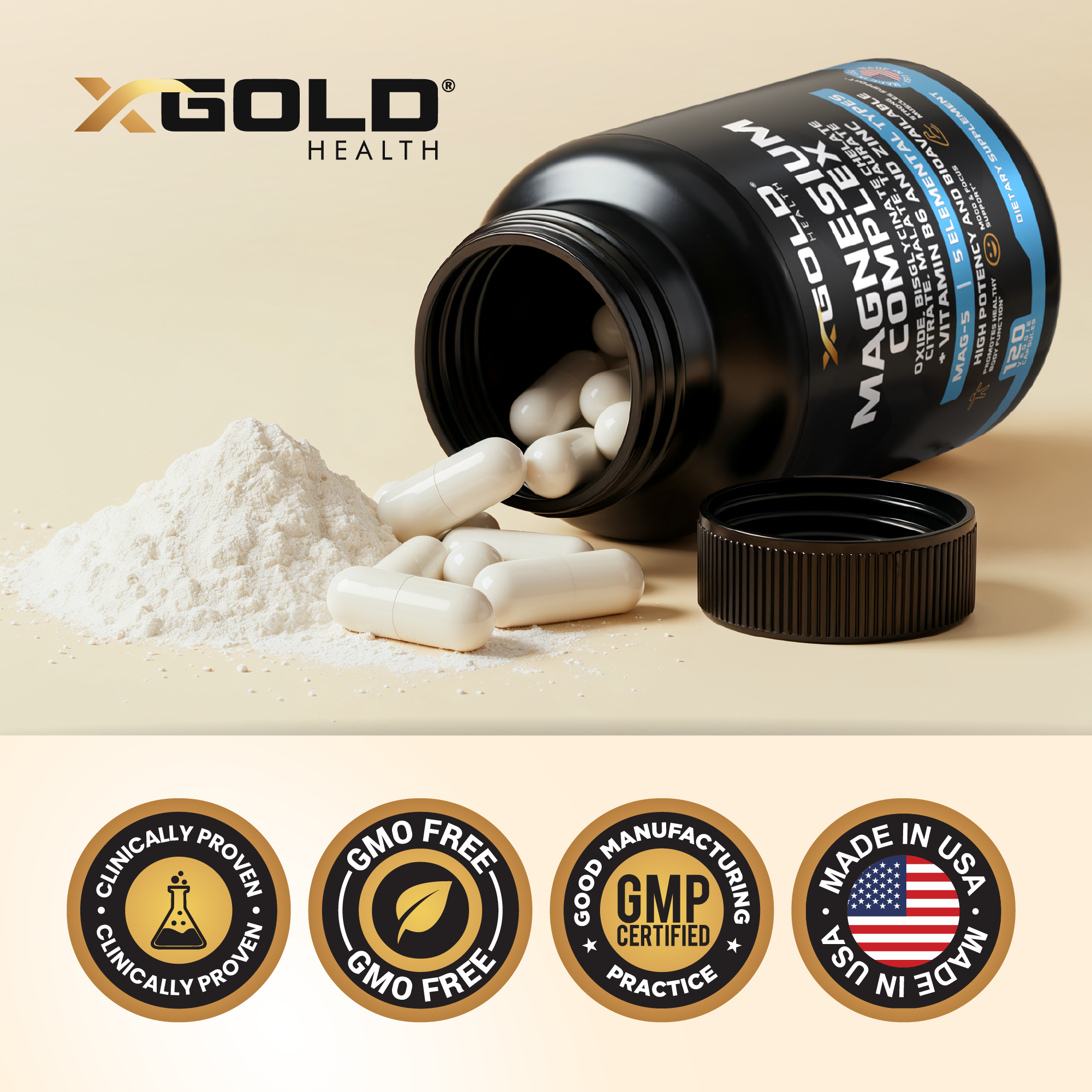 Micronized Magnesium Complex Plus B6 | Zinc Magnesium Oxide, Bisglycinate Chelate, Citrate, Malate | Taurate | Bones, Muscle, Energy,Immune System High Absorption - Made in The USA - X Gold Health