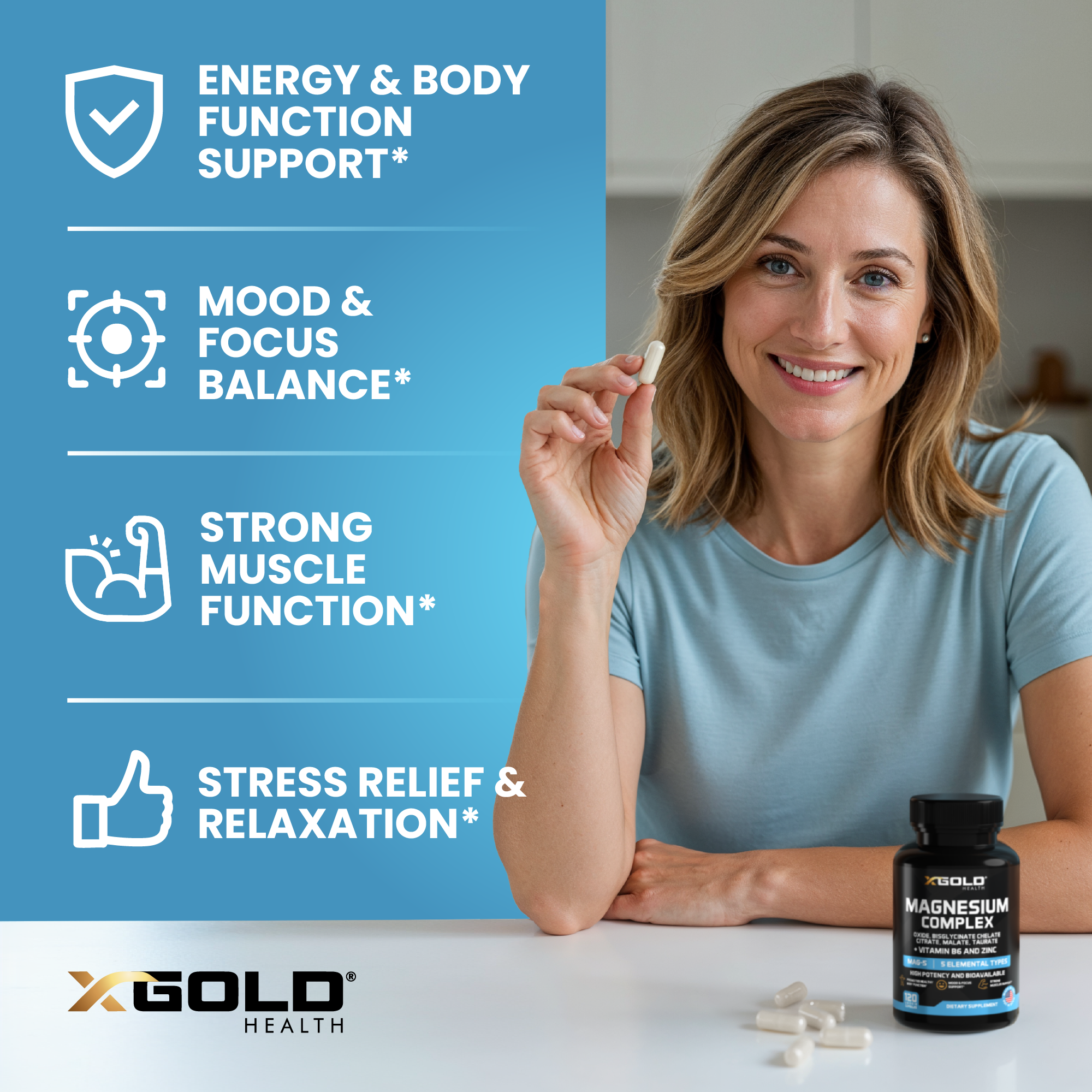 Micronized Magnesium Complex Plus B6 | Zinc Magnesium Oxide, Bisglycinate Chelate, Citrate, Malate | Taurate | Bones, Muscle, Energy,Immune System High Absorption - Made in The USA - X Gold Health