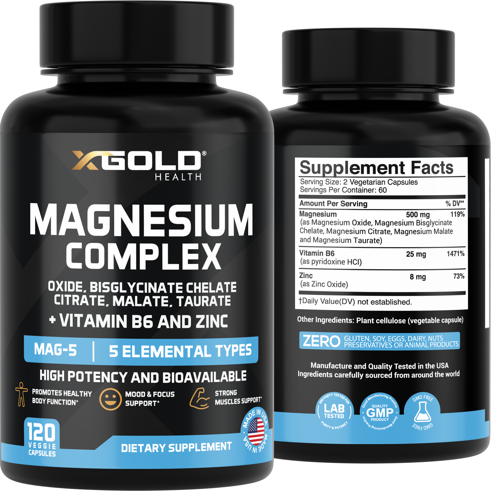 Micronized Magnesium Complex Plus B6 | Zinc Magnesium Oxide, Bisglycinate Chelate, Citrate, Malate | Taurate | Bones, Muscle, Energy,Immune System High Absorption - Made in The USA - X Gold Health